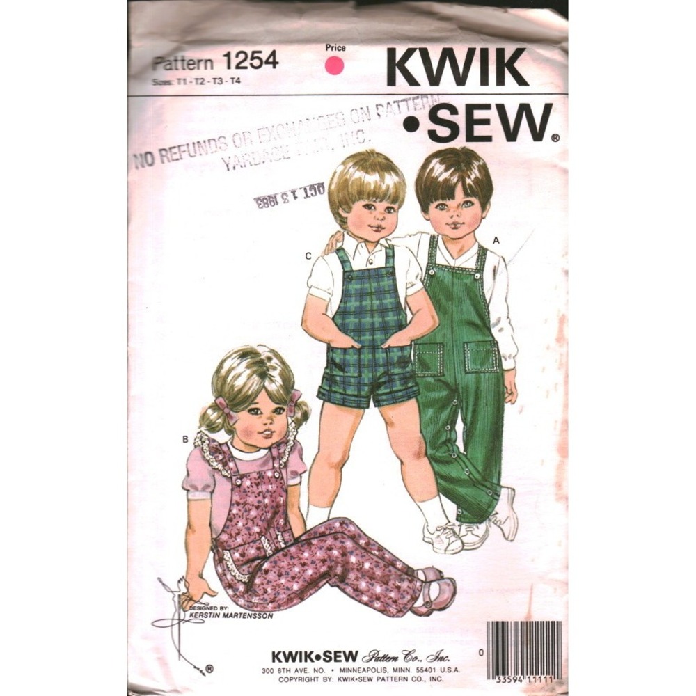 Vintage Kwik Sew 1254 Toddlers Overalls Sewing Pattern Sizes T1-T4 1983 UNCUT